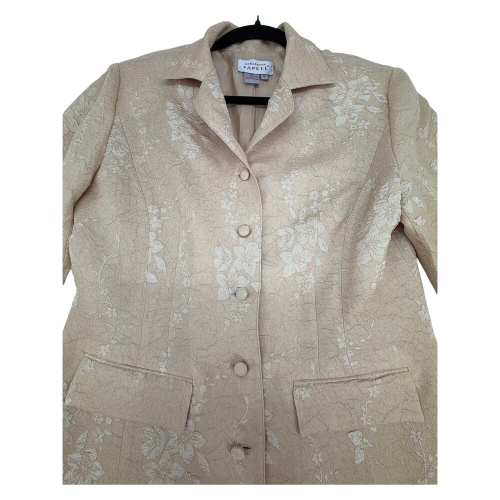 Adrianna Papell Tan Jacquard Brocade Party Business Lined Long Blazer Jacket 10 - Picture 2 of 10